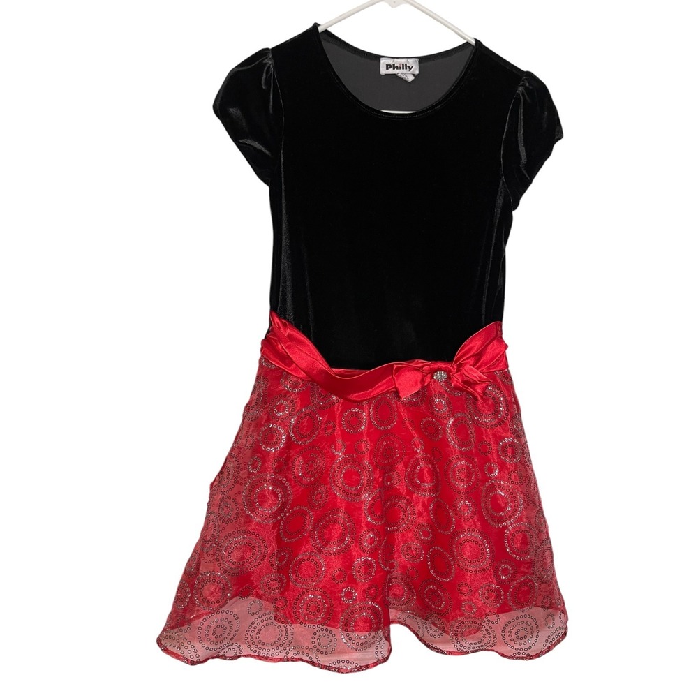 Philly 16 Black Red Velvet‎ Sequin Party Dress Rhinestone Bow Holiday Festive